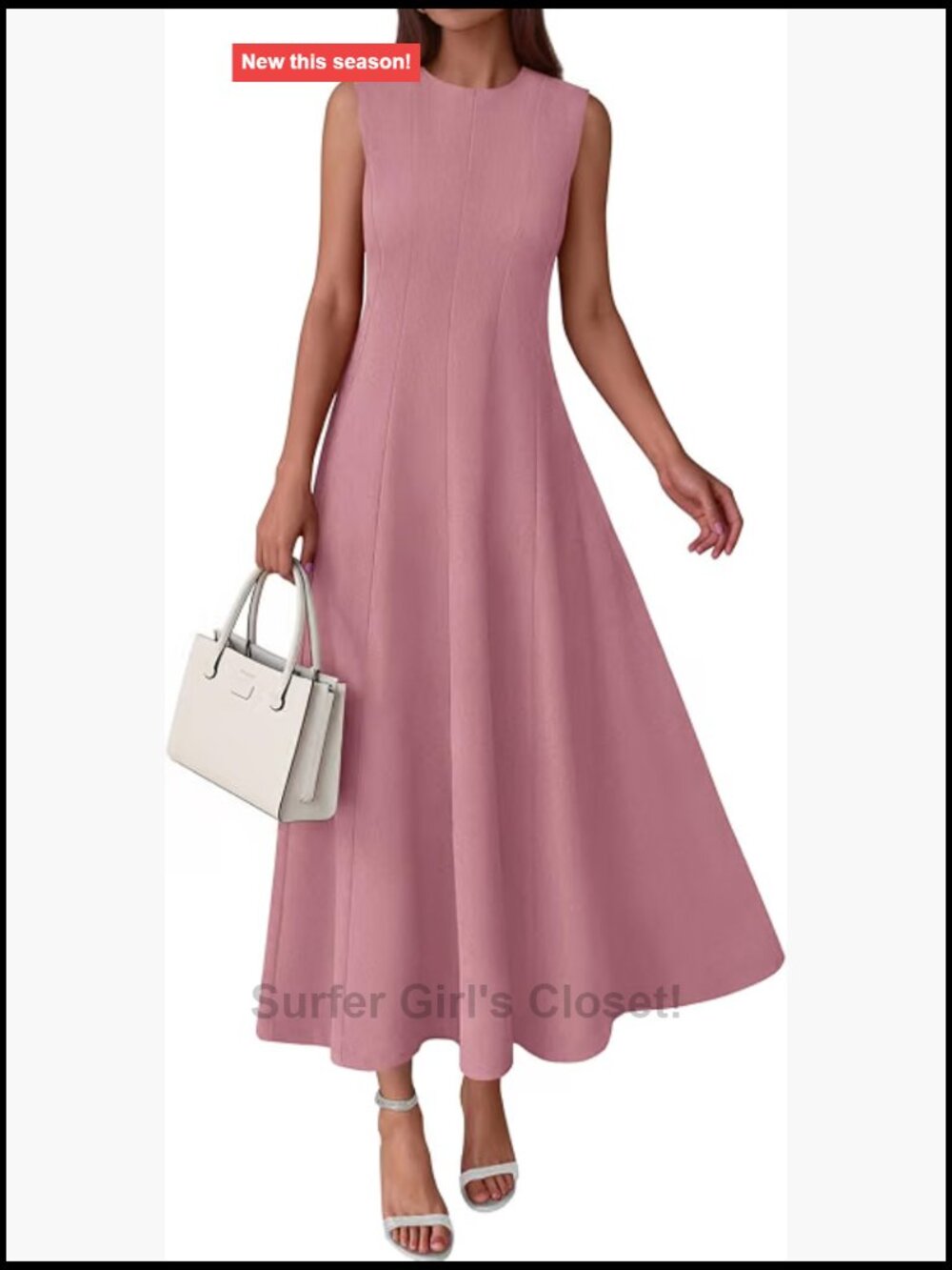Sleeveless Crewneck Maxi Dress Cotton Blend High Waist Fit & Flare with Pockets